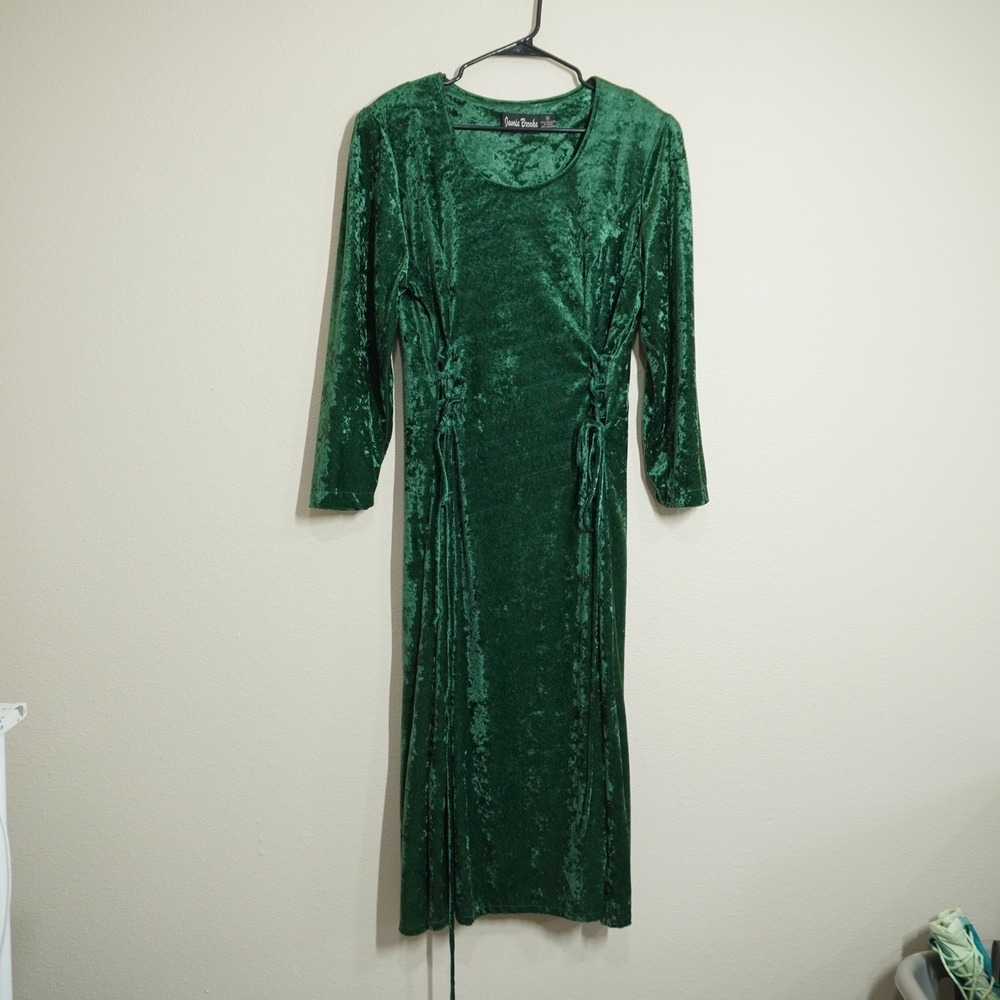 Vintage Size 18 Dark Green Velvet Midi Dress Tie Waist Whimsigoth Retro Winter